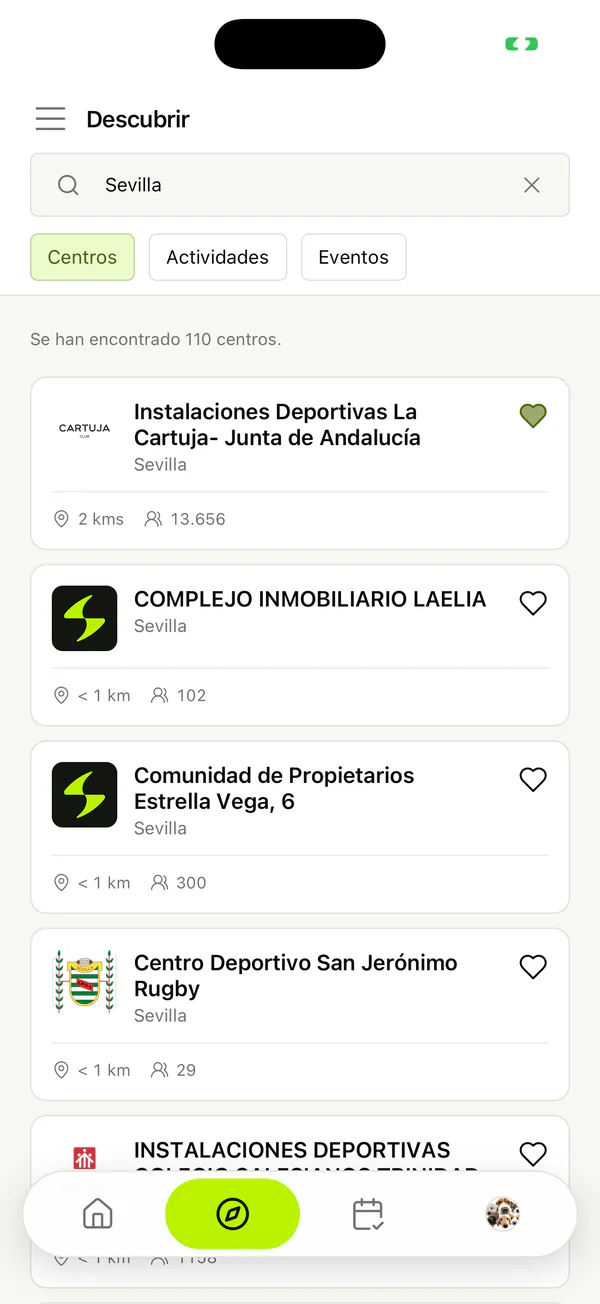 The search screen of the Sporttia app, with “Sevilla” in the search box and the sports centres it found, each with its distance